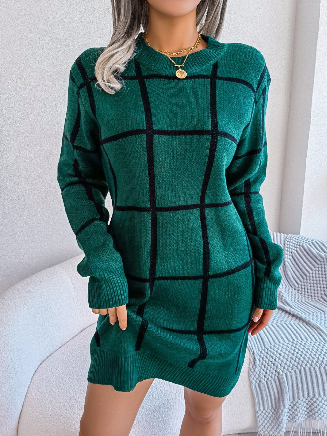 Plaid Round Neck Dropped Shoulder Sweater Dress - ViarousViarousViarous