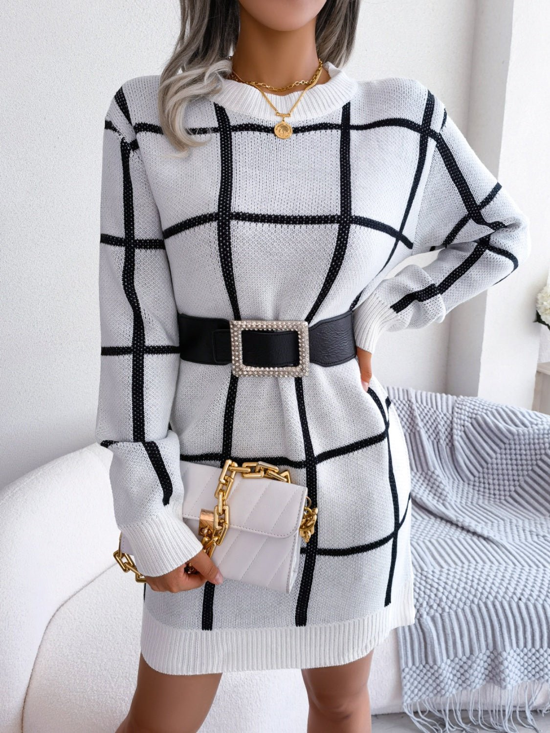 Plaid Round Neck Dropped Shoulder Sweater Dress - ViarousViarousViarous