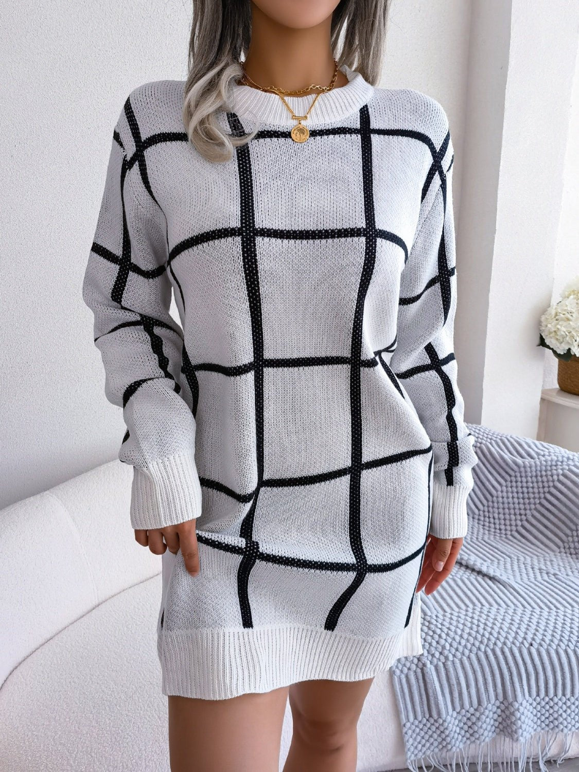 Plaid Round Neck Dropped Shoulder Sweater Dress - ViarousViarousViarous