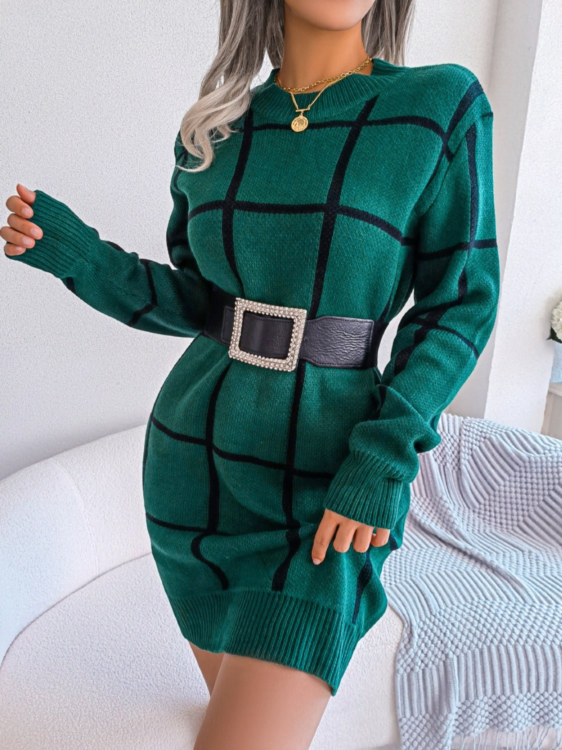 Plaid Round Neck Dropped Shoulder Sweater Dress - ViarousViarousViarous