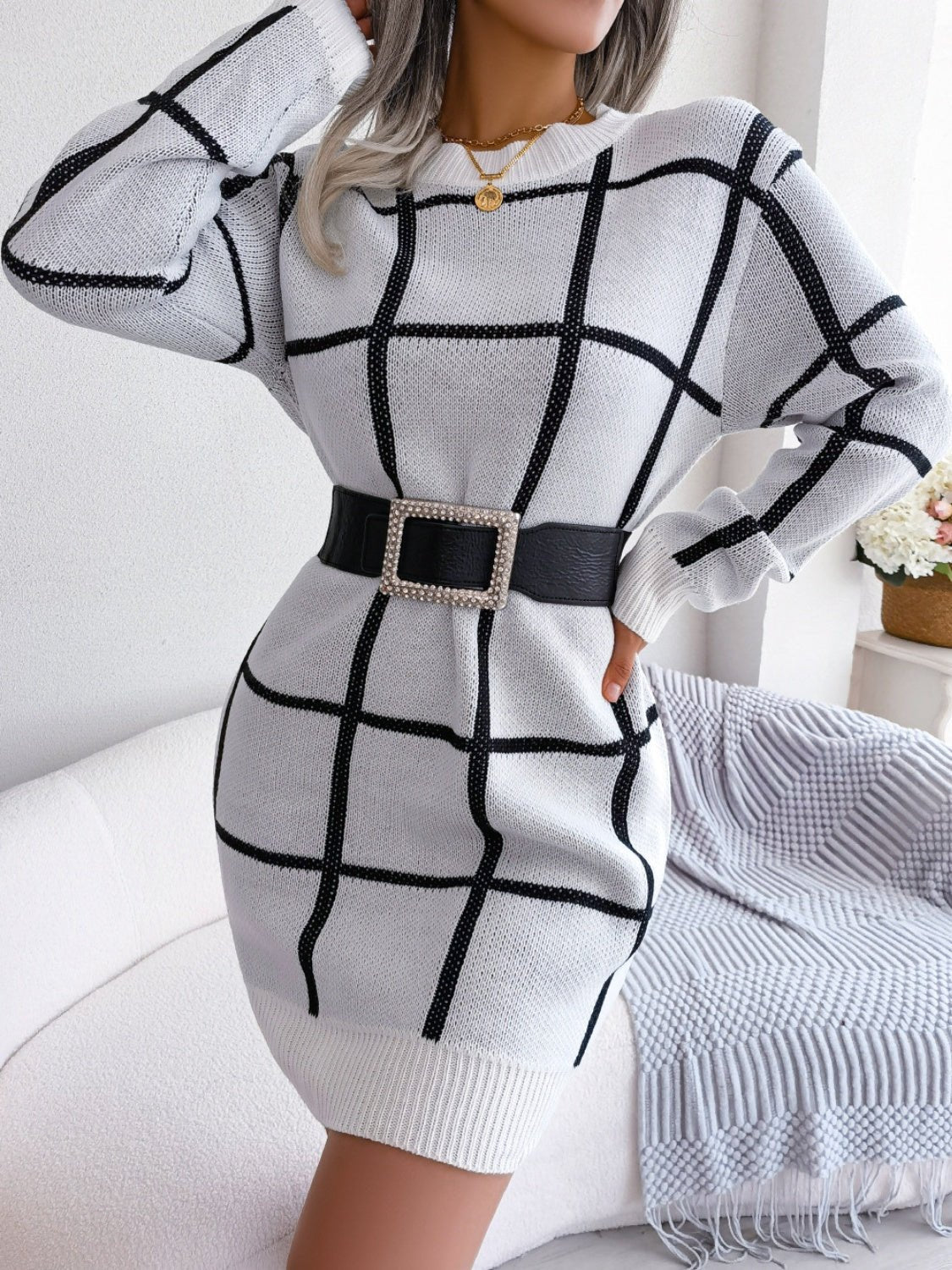 Plaid Round Neck Dropped Shoulder Sweater Dress - ViarousViarousViarous
