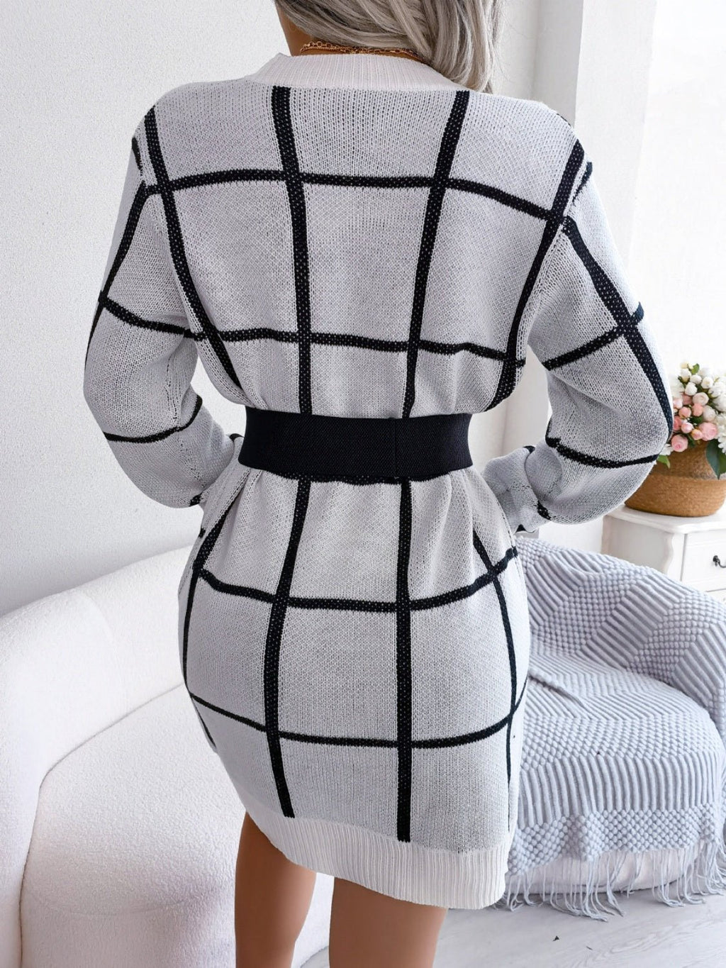 Plaid Round Neck Dropped Shoulder Sweater Dress - ViarousViarousViarous