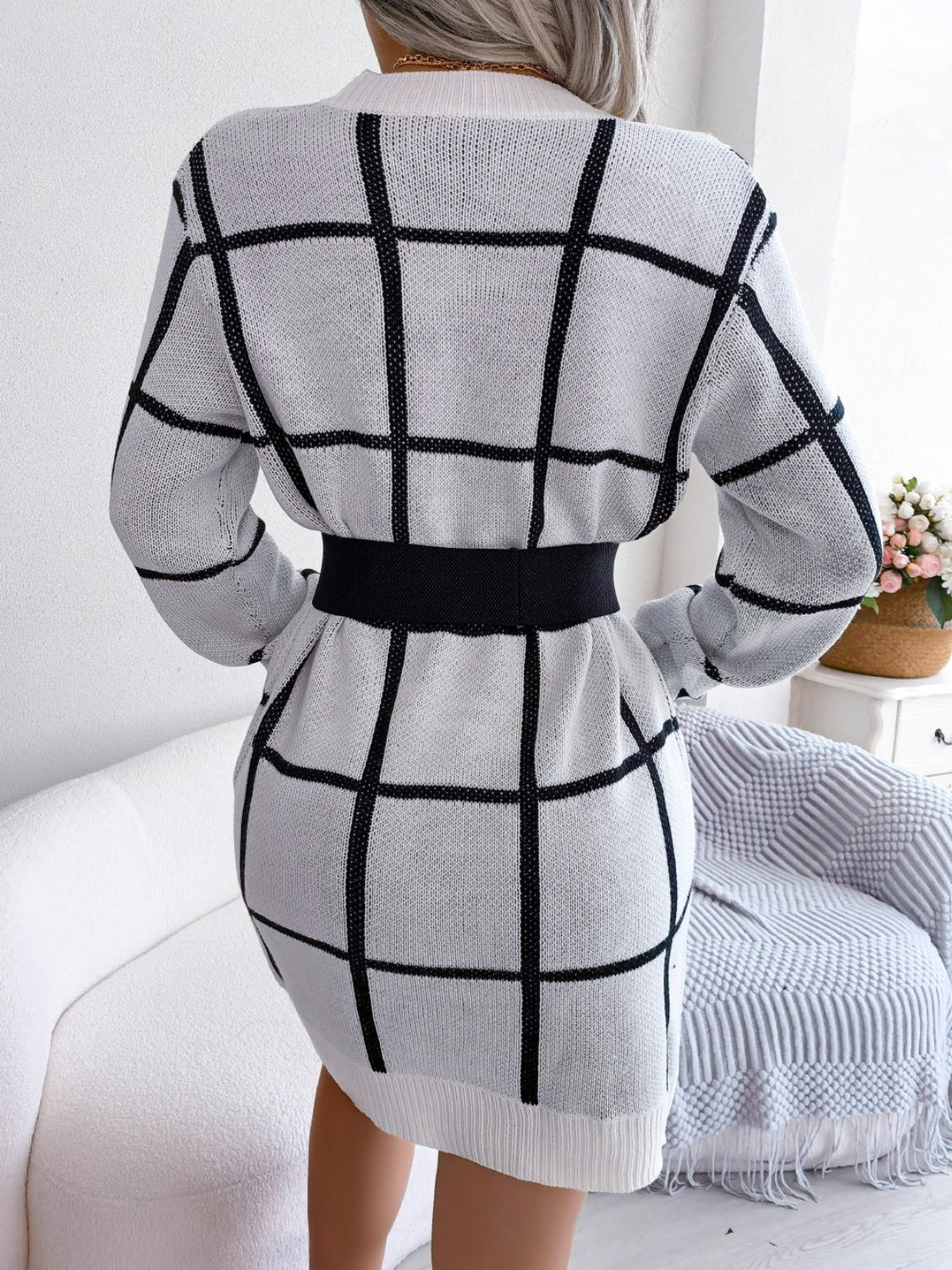 Plaid Round Neck Dropped Shoulder Sweater Dress - ViarousViarousViarous