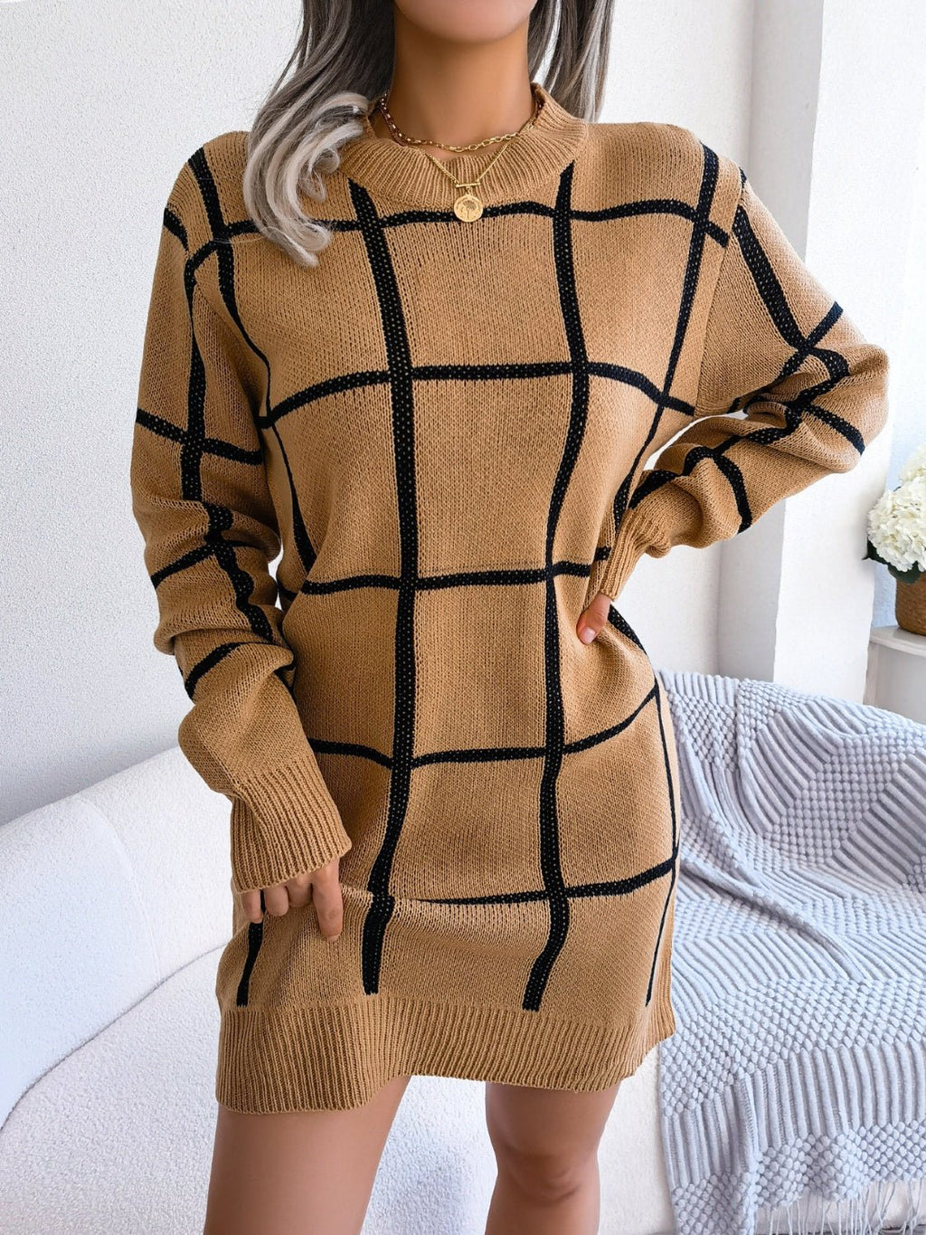 Plaid Round Neck Dropped Shoulder Sweater Dress - ViarousViarousViarous