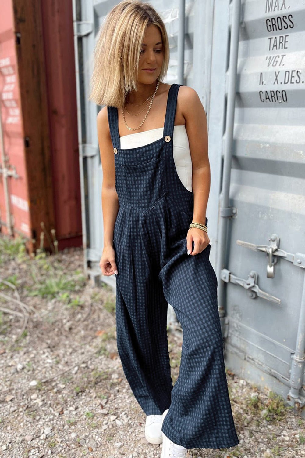 Plaid Wide Strap Wide Leg Overalls - ViarousViarousViarous