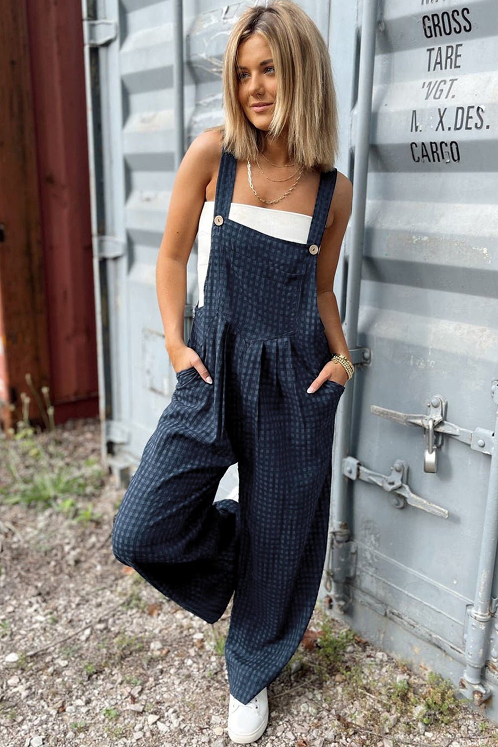 Plaid Wide Strap Wide Leg Overalls - ViarousViarousViarous