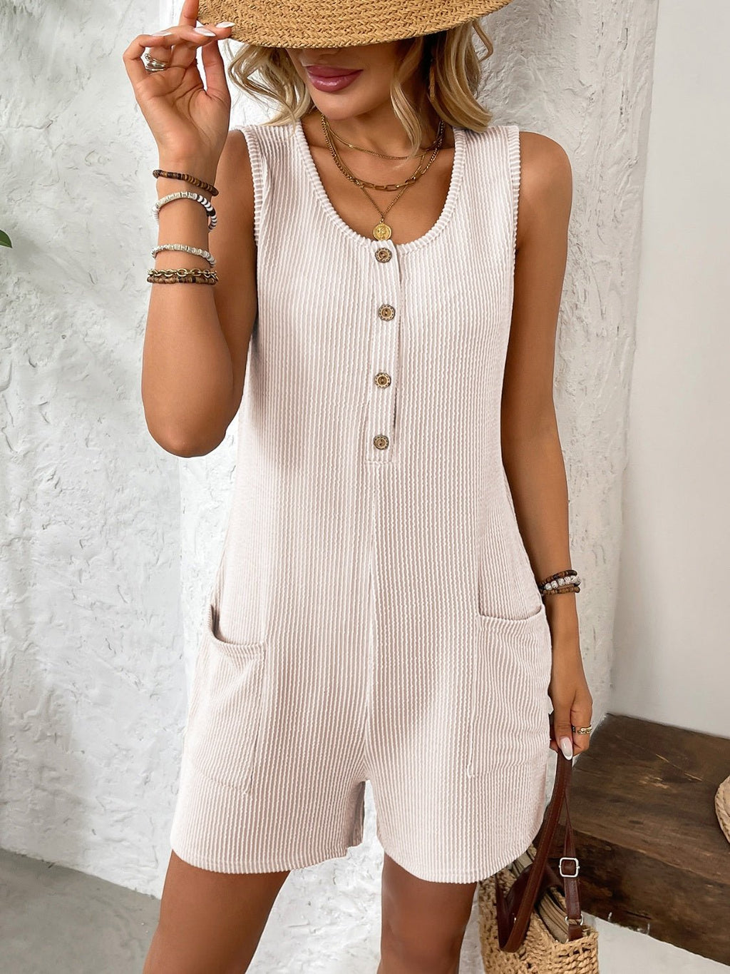 Pocketed Round Neck Sleeveless Romper - ViarousViarousViarous