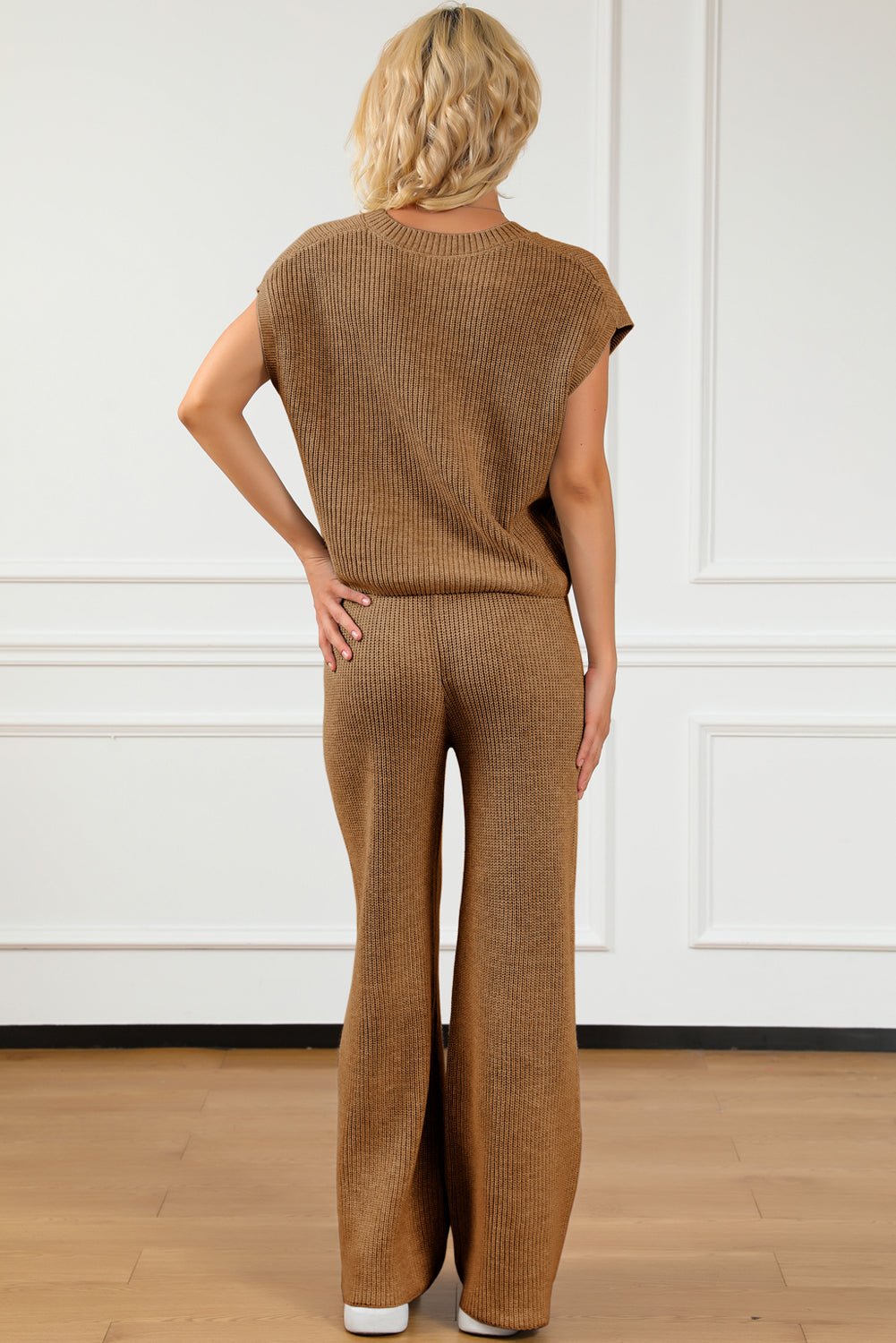 Pocketed V - Neck Top and Wide Leg Sweater Set - ViarousViarousViarous