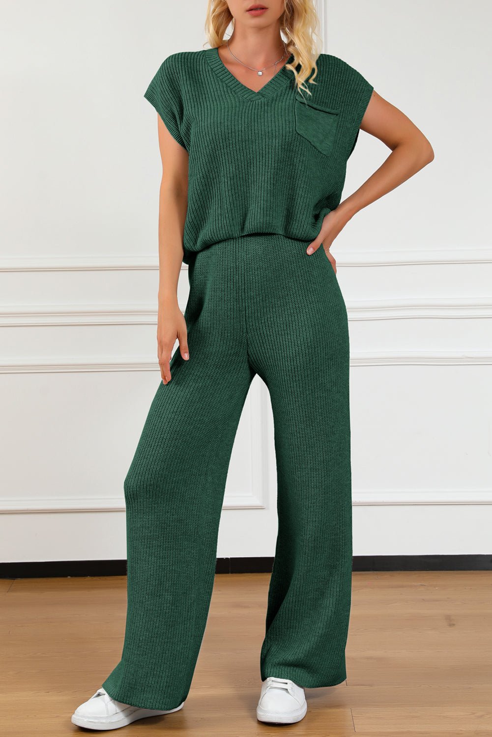 Pocketed V - Neck Top and Wide Leg Sweater Set - ViarousViarousViarous