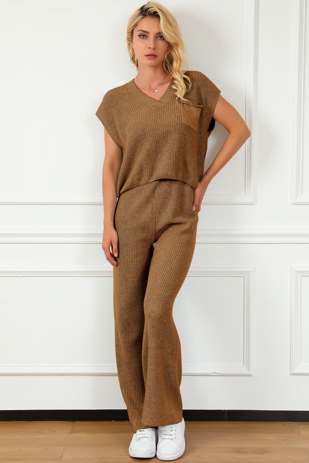 Pocketed V - Neck Top and Wide Leg Sweater Set - ViarousViarousViarous