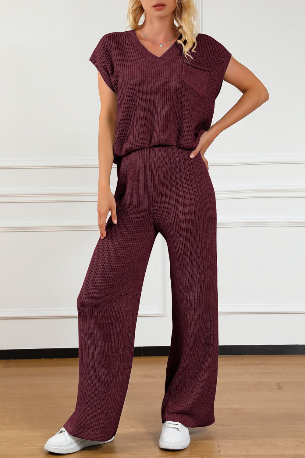 Pocketed V - Neck Top and Wide Leg Sweater Set - ViarousViarousViarous