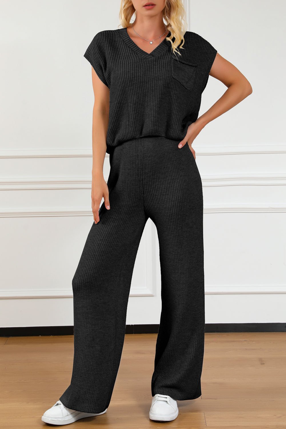 Pocketed V - Neck Top and Wide Leg Sweater Set - ViarousViarousViarous