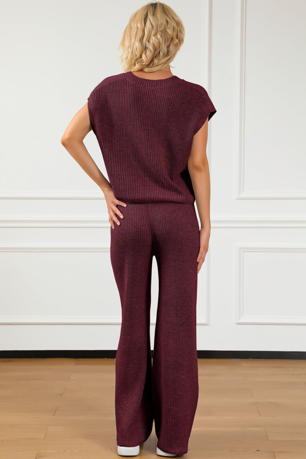Pocketed V - Neck Top and Wide Leg Sweater Set - ViarousViarousViarous