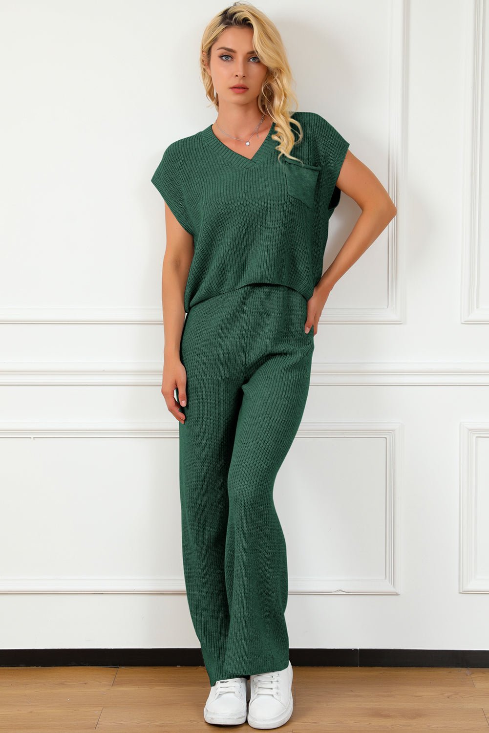 Pocketed V - Neck Top and Wide Leg Sweater Set - ViarousViarousViarous