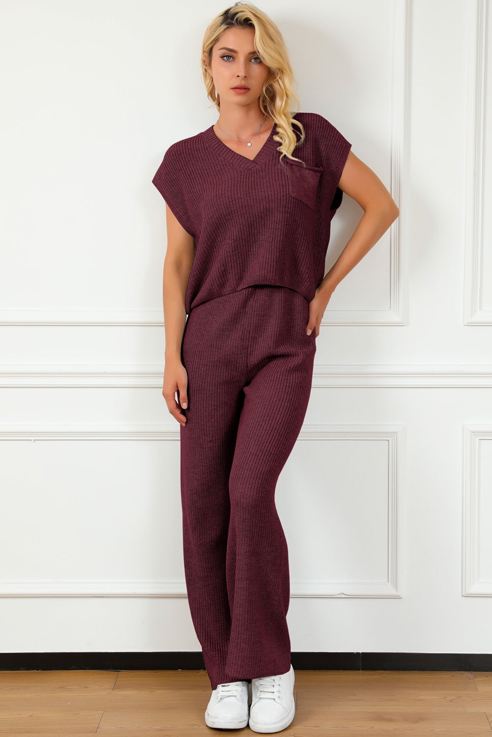 Pocketed V - Neck Top and Wide Leg Sweater Set - ViarousViarousViarous