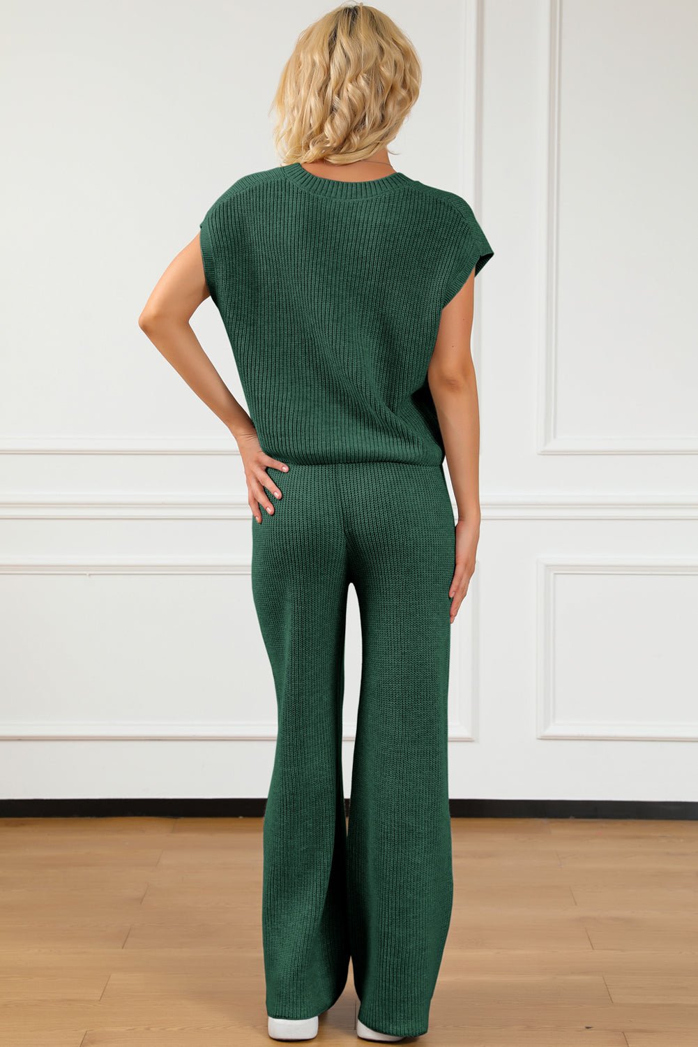 Pocketed V - Neck Top and Wide Leg Sweater Set - ViarousViarousViarous