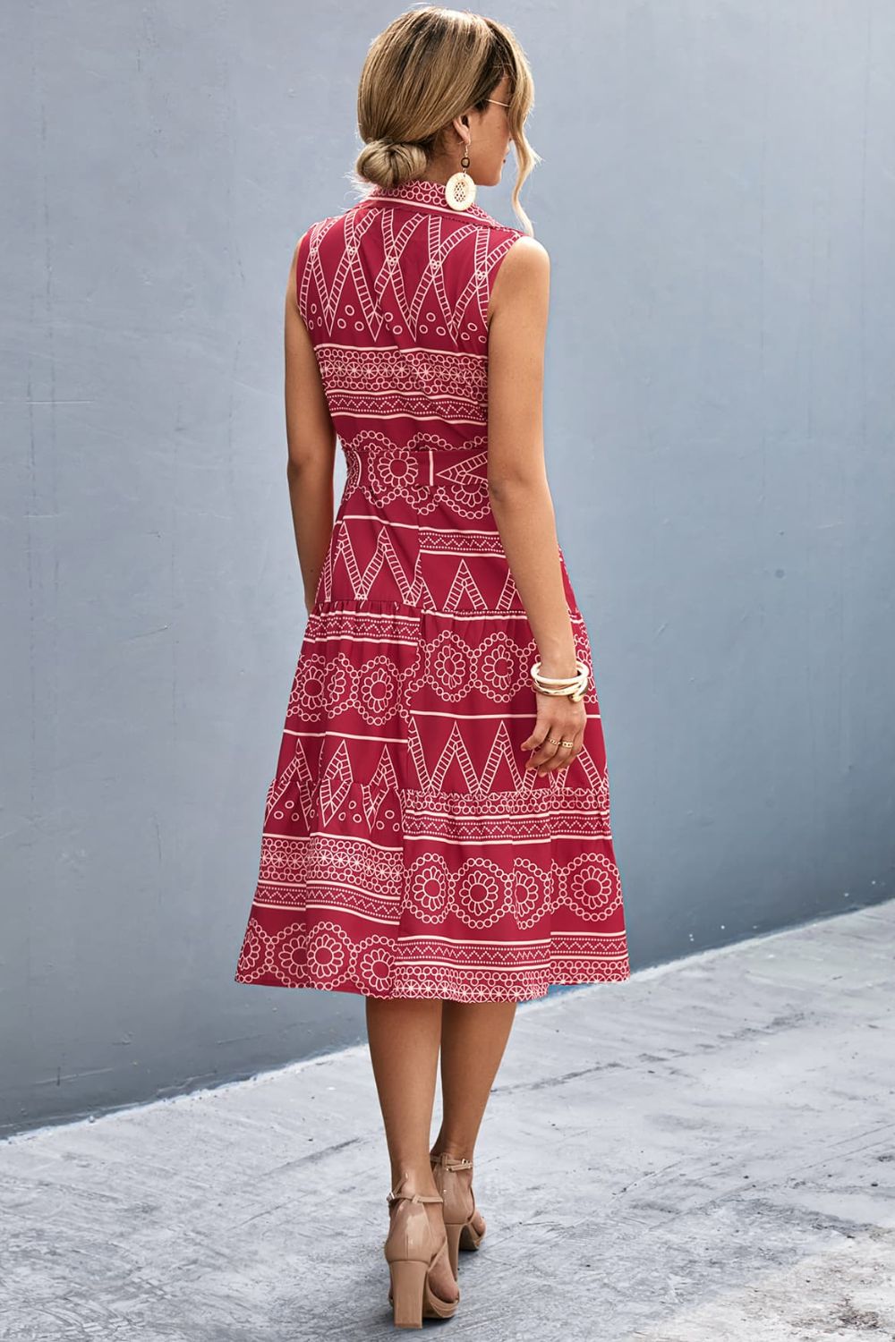 Printed Button Front Tie - Waist Sleeveless Collared Dress - ViarousViarousViarous