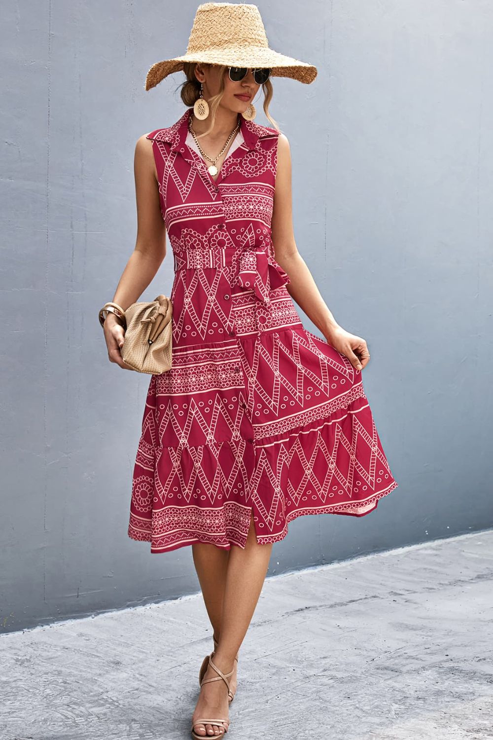 Printed Button Front Tie - Waist Sleeveless Collared Dress - ViarousViarousViarous