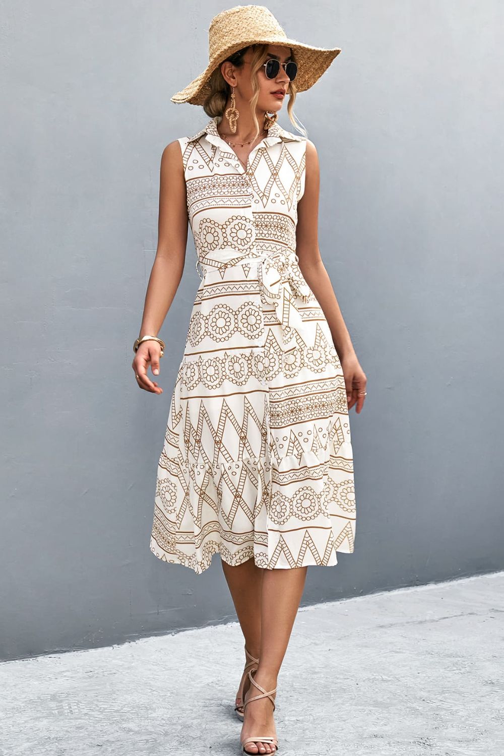 Printed Button Front Tie - Waist Sleeveless Collared Dress - ViarousViarousViarous