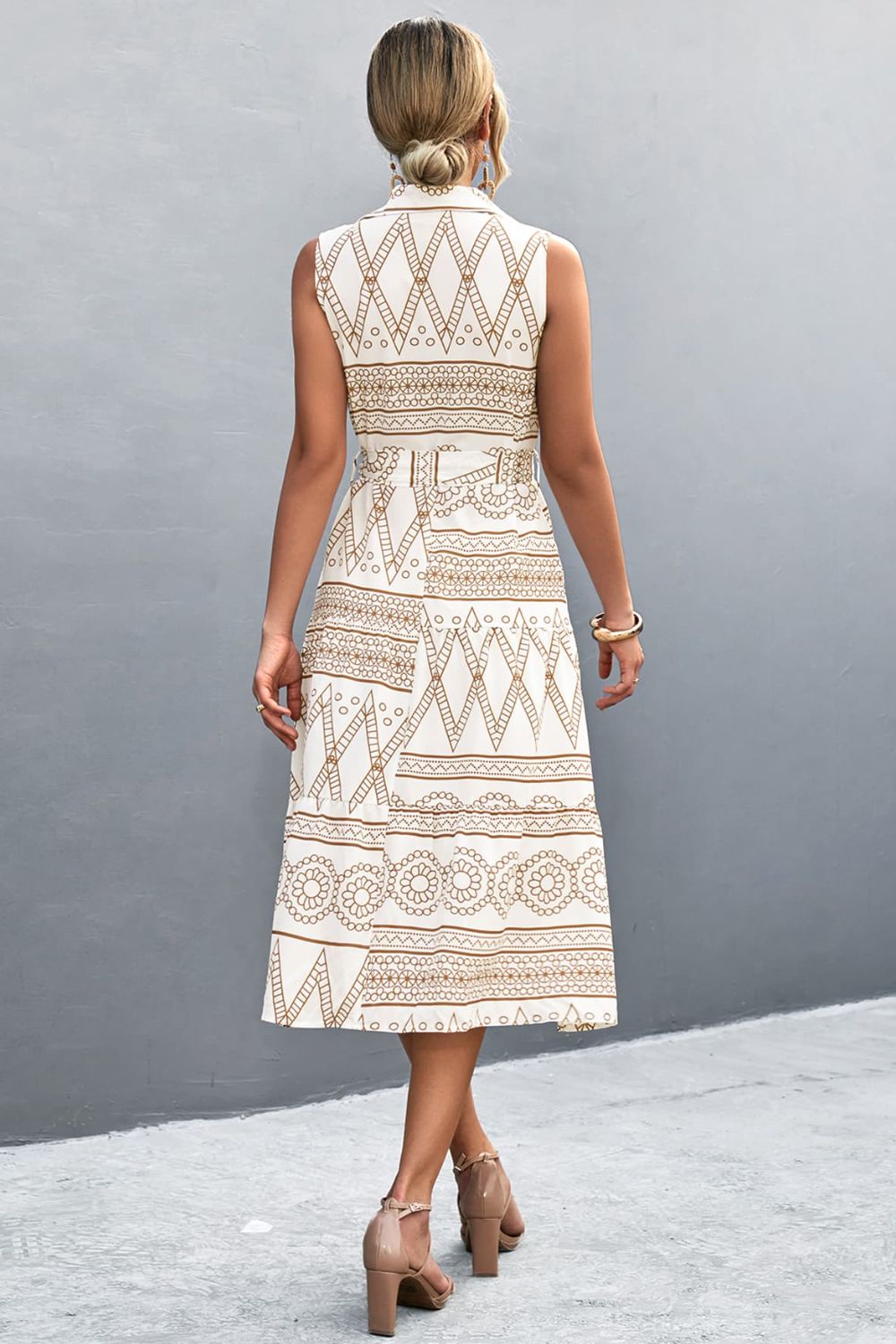 Printed Button Front Tie - Waist Sleeveless Collared Dress - ViarousViarousViarous