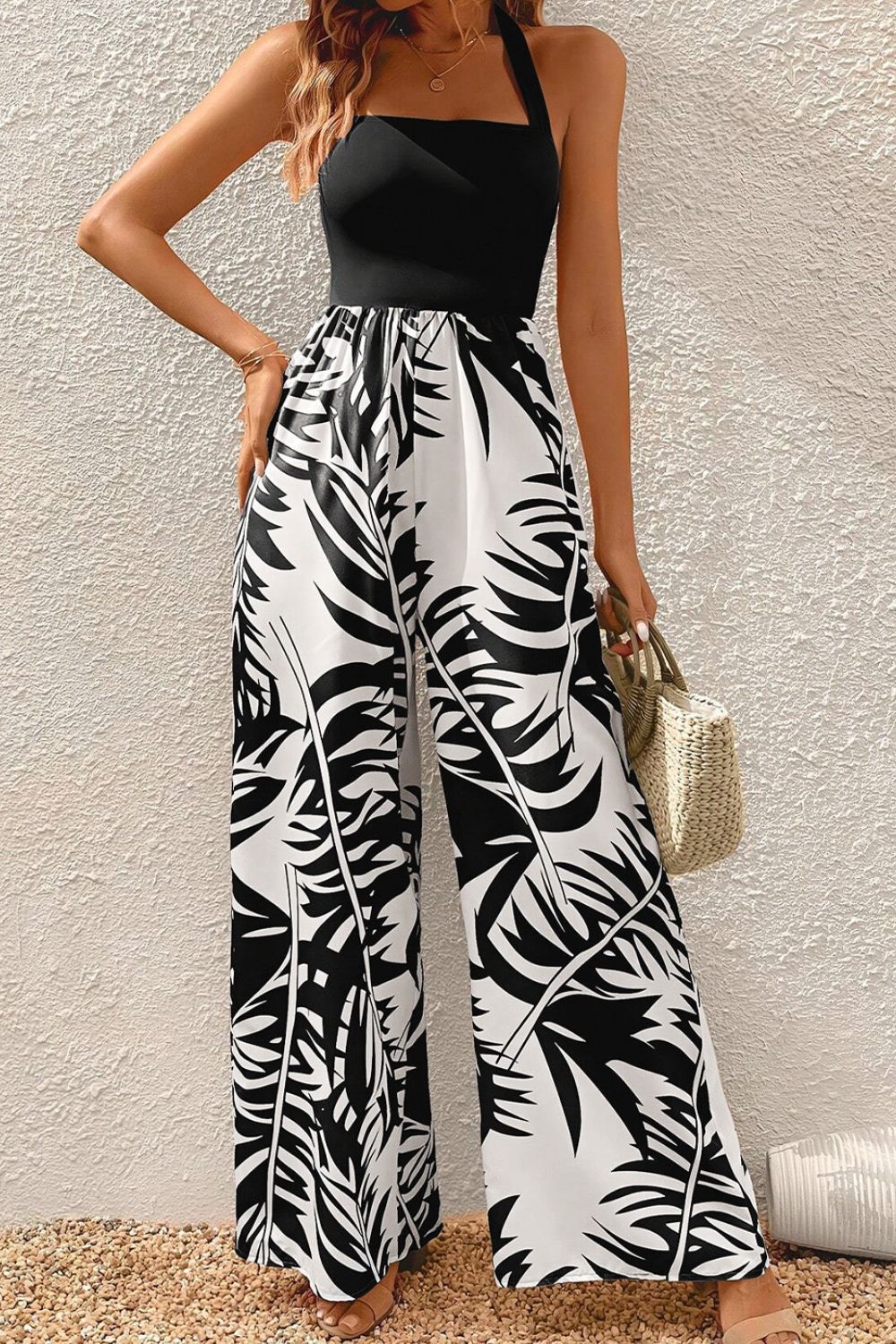 Printed Halter Wide Leg Jumpsuit - ViarousViarousViarous