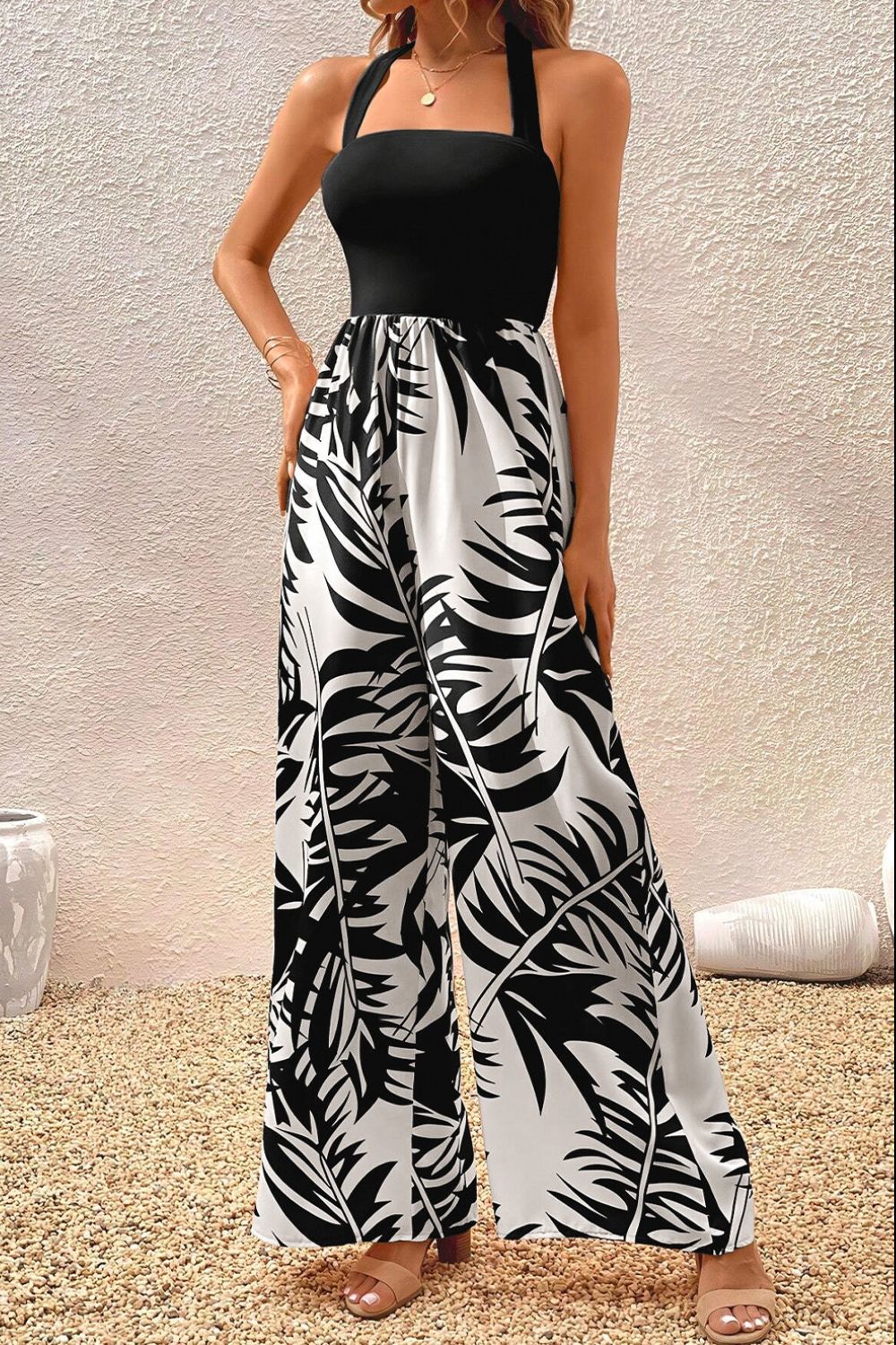 Printed Halter Wide Leg Jumpsuit - ViarousViarousViarous