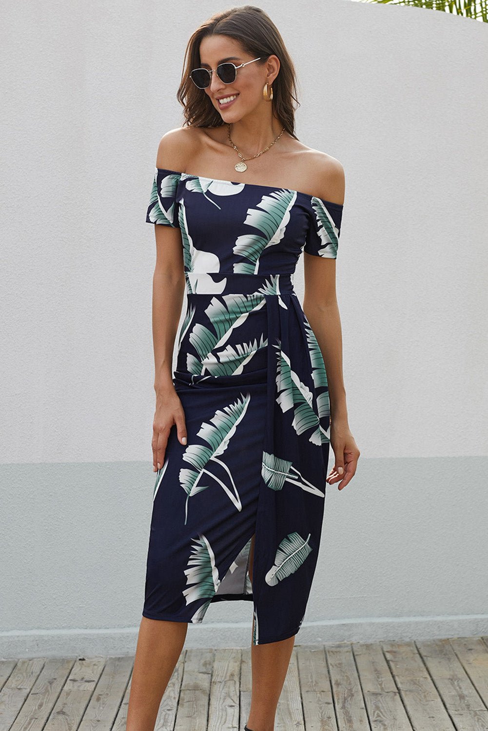 Printed Off - Shoulder Split Dress - ViarousViarousViarous