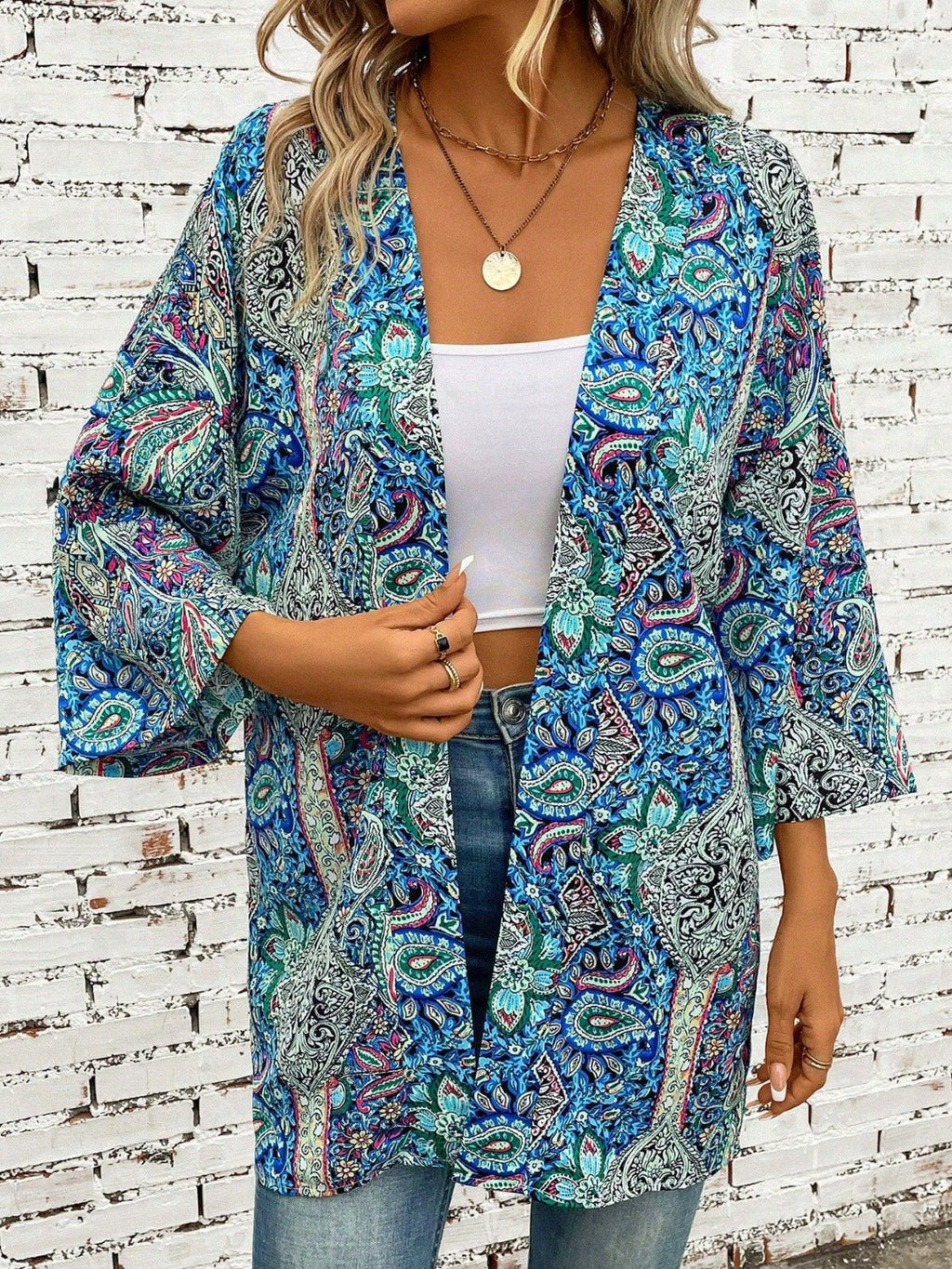 Printed Open Front Three - Quarter Sleeve Cover Up - ViarousViarousViarous