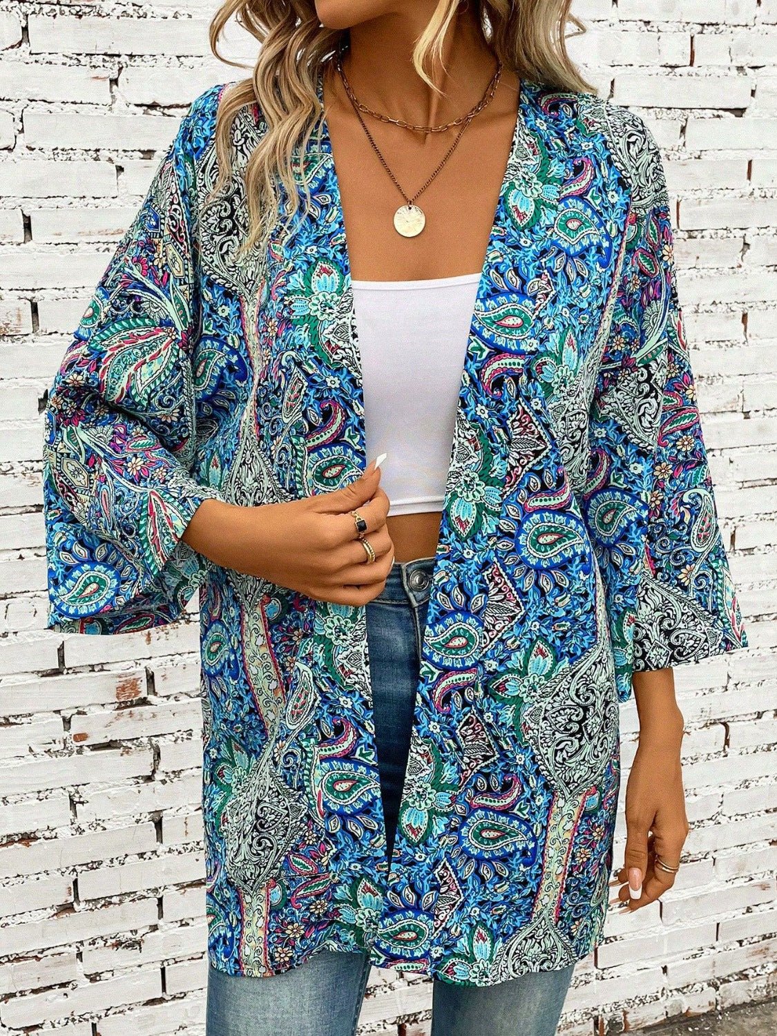 Printed Open Front Three - Quarter Sleeve Cover Up - ViarousViarousViarous
