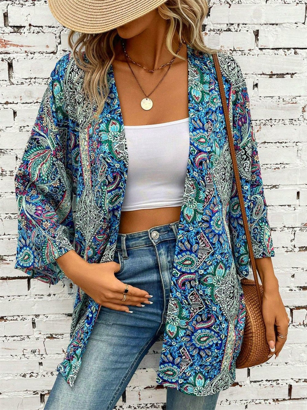 Printed Open Front Three - Quarter Sleeve Cover Up - ViarousViarousViarous