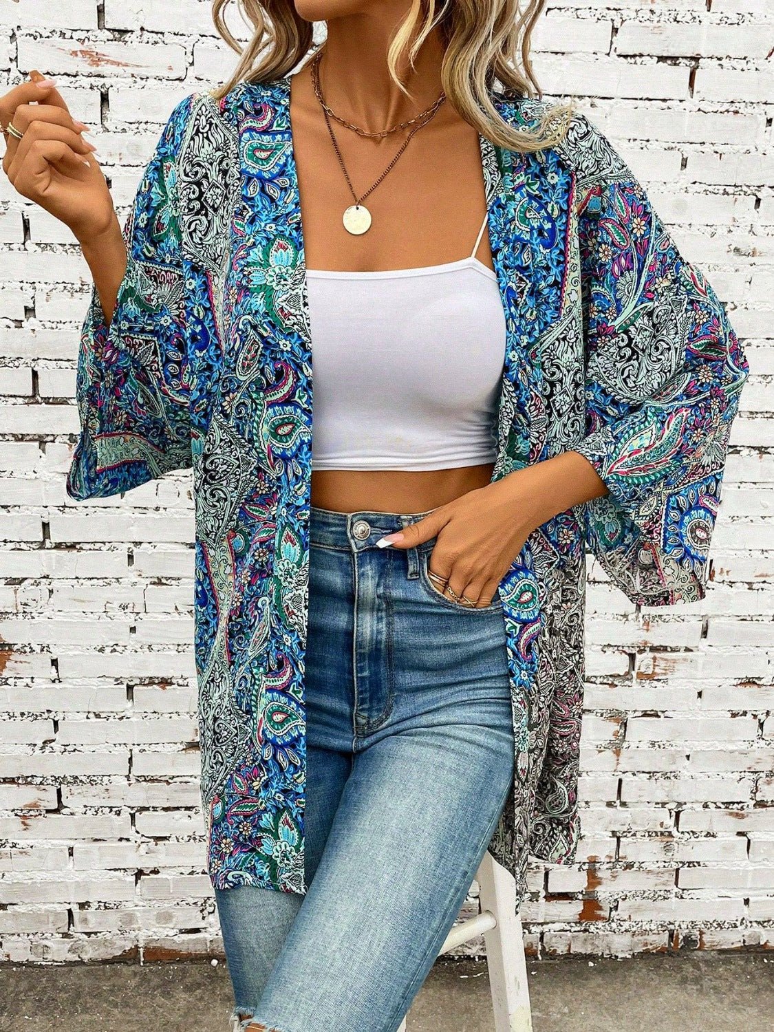 Printed Open Front Three - Quarter Sleeve Cover Up - ViarousViarousViarous