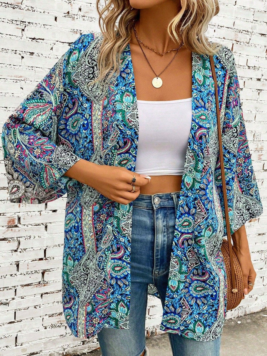 Printed Open Front Three - Quarter Sleeve Cover Up - ViarousViarousViarous
