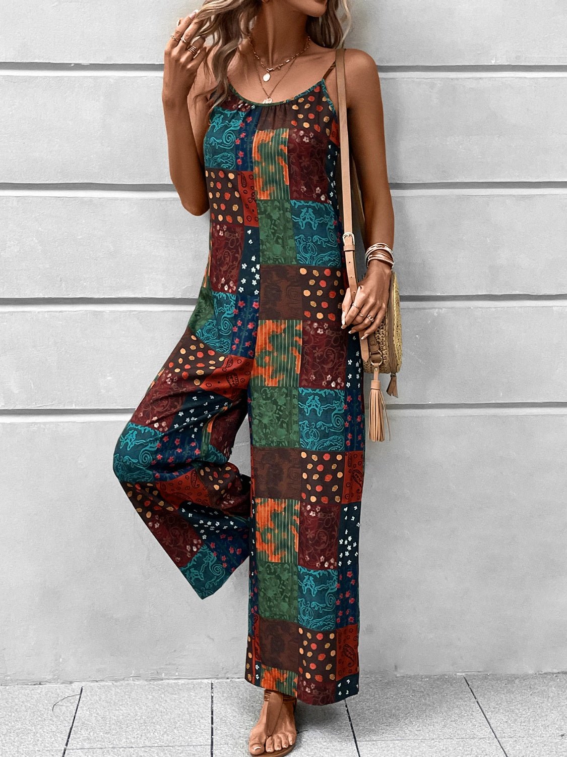 Printed Scoop Neck Spaghetti Strap Jumpsuit - ViarousViarousViarous
