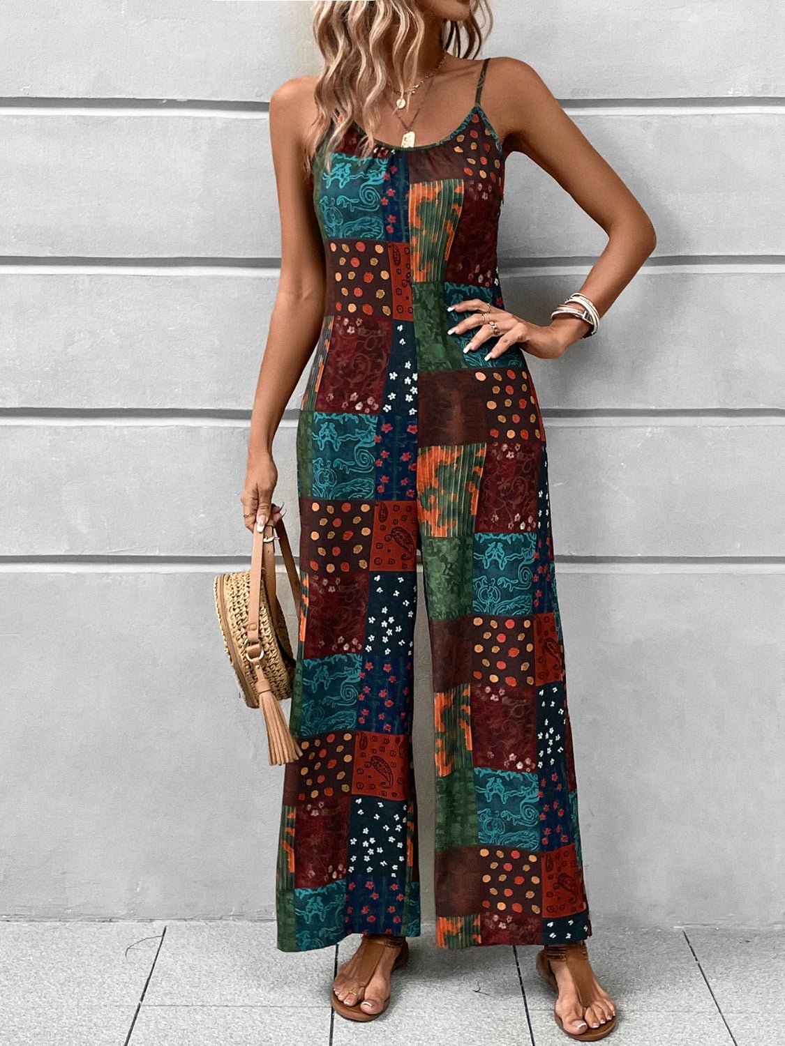 Printed Scoop Neck Spaghetti Strap Jumpsuit - ViarousViarousViarous