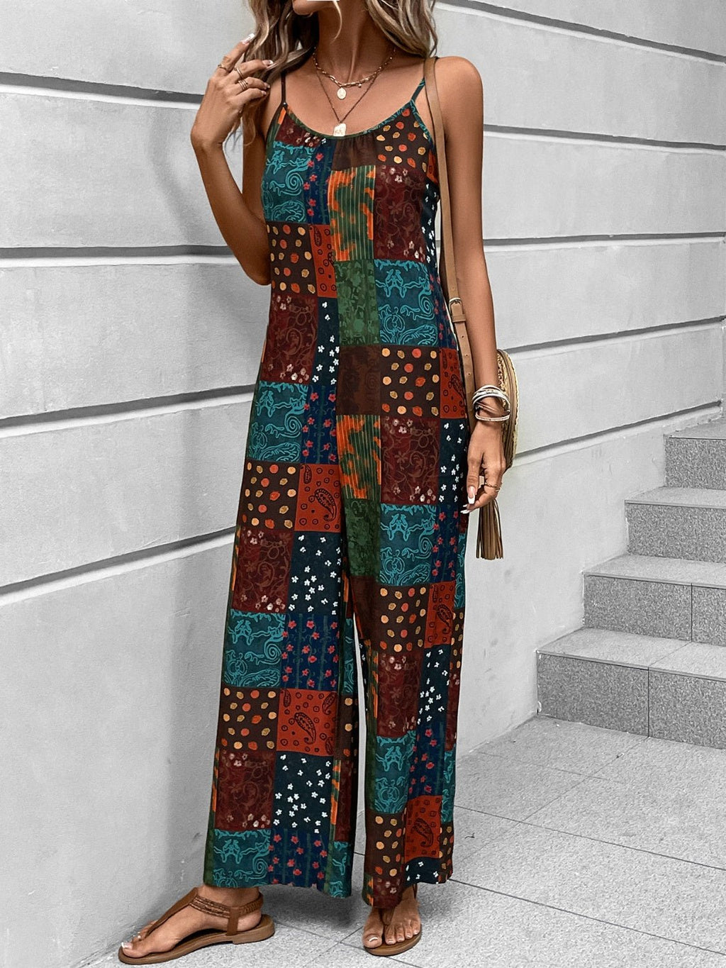 Printed Scoop Neck Spaghetti Strap Jumpsuit - ViarousViarousViarous