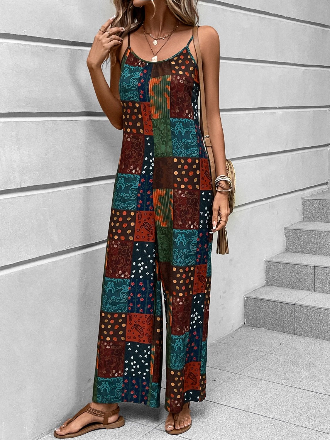 Printed Scoop Neck Spaghetti Strap Jumpsuit - ViarousViarousViarous