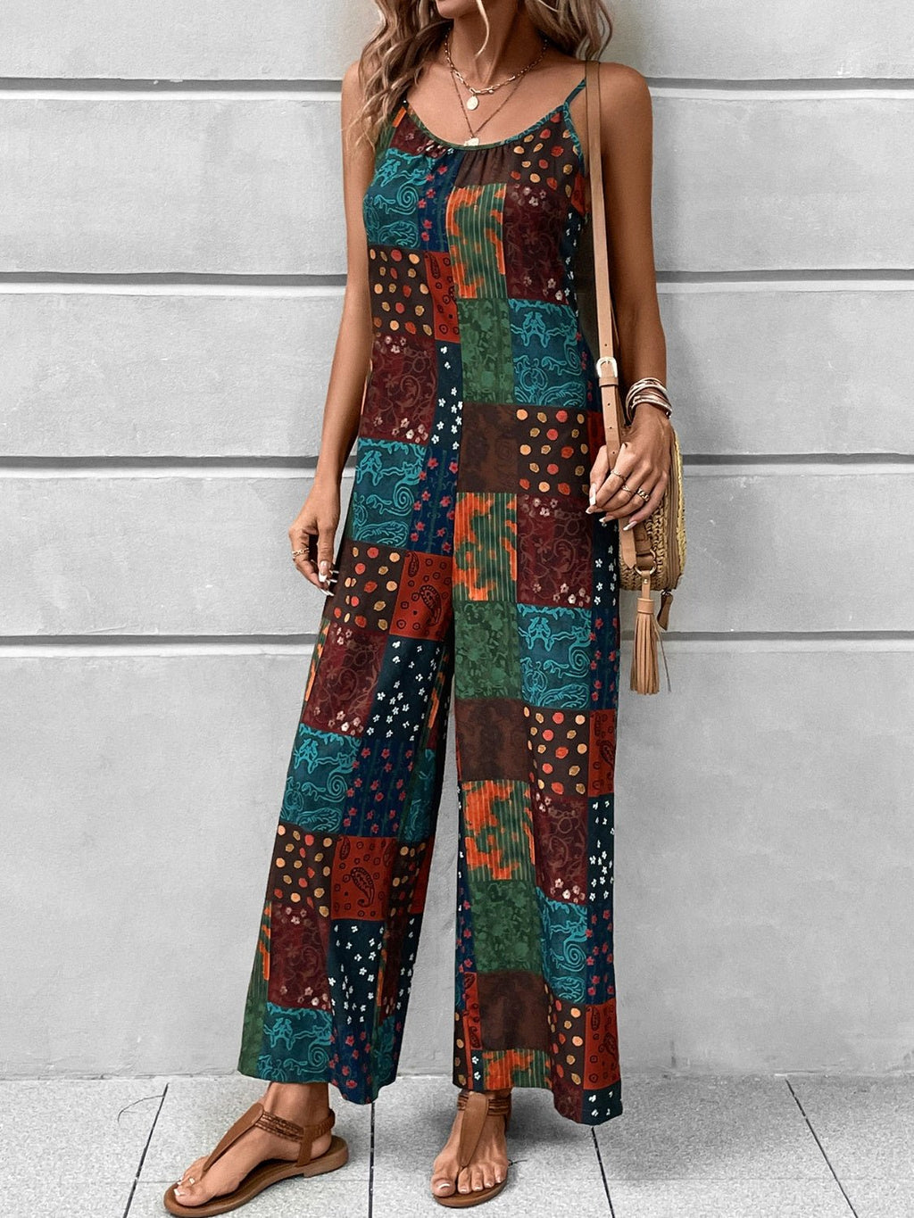 Printed Scoop Neck Spaghetti Strap Jumpsuit - ViarousViarousViarous