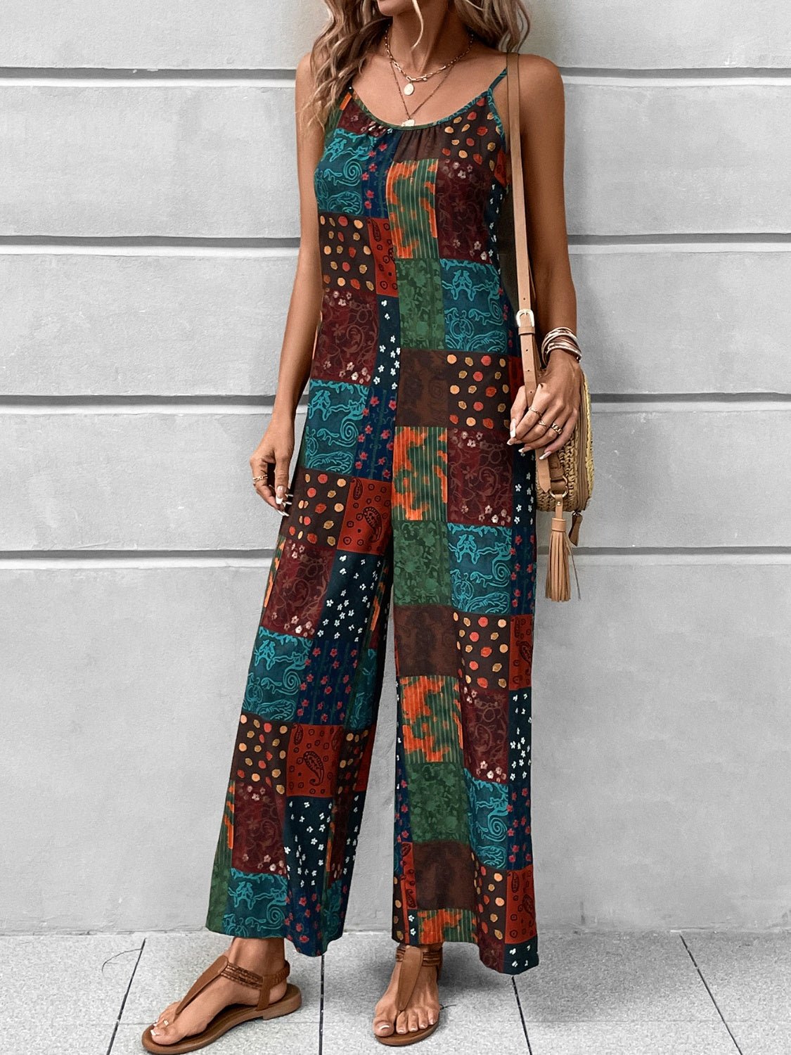 Printed Scoop Neck Spaghetti Strap Jumpsuit - ViarousViarousViarous