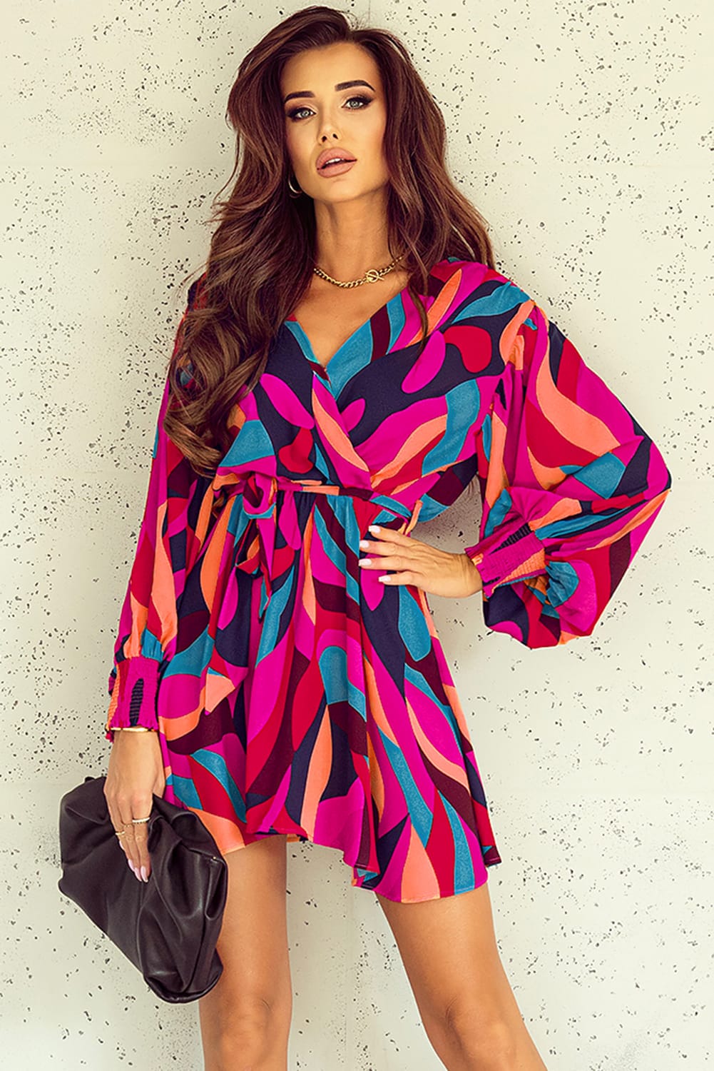 Printed Surplice Neck Tie Waist Dress - ViarousViarousViarous