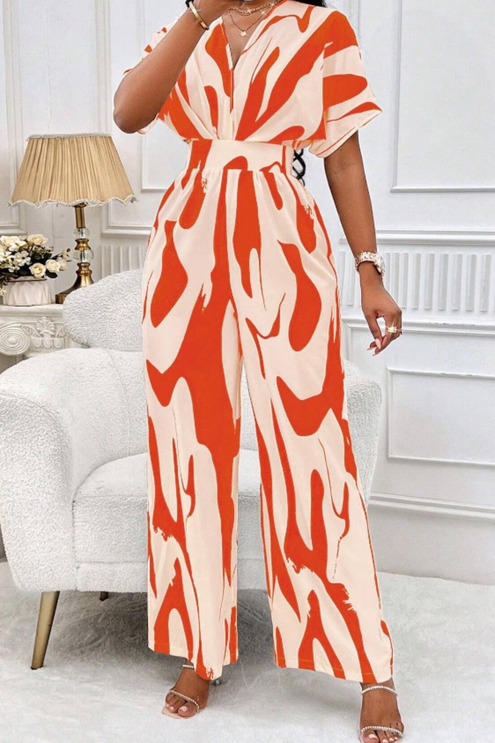 Printed V - Neck Short Sleeve Wide Leg Jumpsuit - ViarousViarousViarous