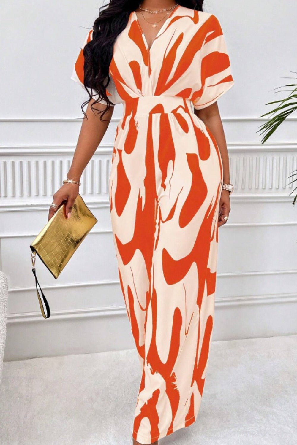 Printed V - Neck Short Sleeve Wide Leg Jumpsuit - ViarousViarousViarous