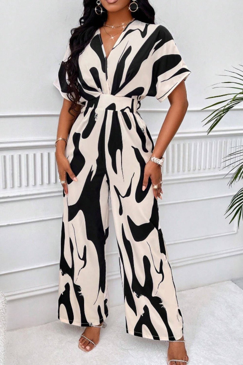 Printed V - Neck Short Sleeve Wide Leg Jumpsuit - ViarousViarousViarous