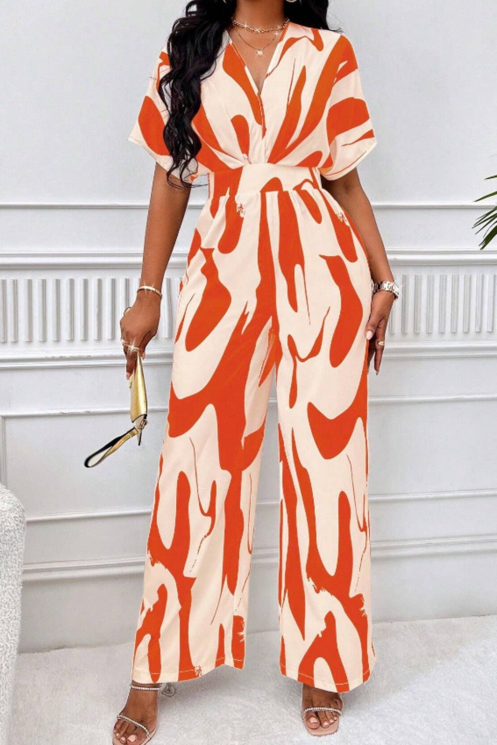 Printed V - Neck Short Sleeve Wide Leg Jumpsuit - ViarousViarousViarous