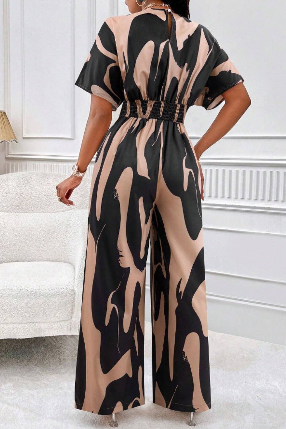 Printed V - Neck Short Sleeve Wide Leg Jumpsuit - ViarousViarousViarous
