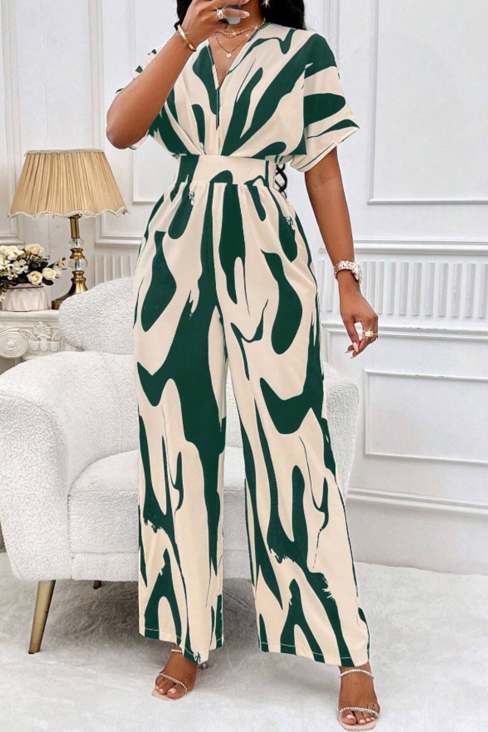 Printed V - Neck Short Sleeve Wide Leg Jumpsuit - ViarousViarousViarous