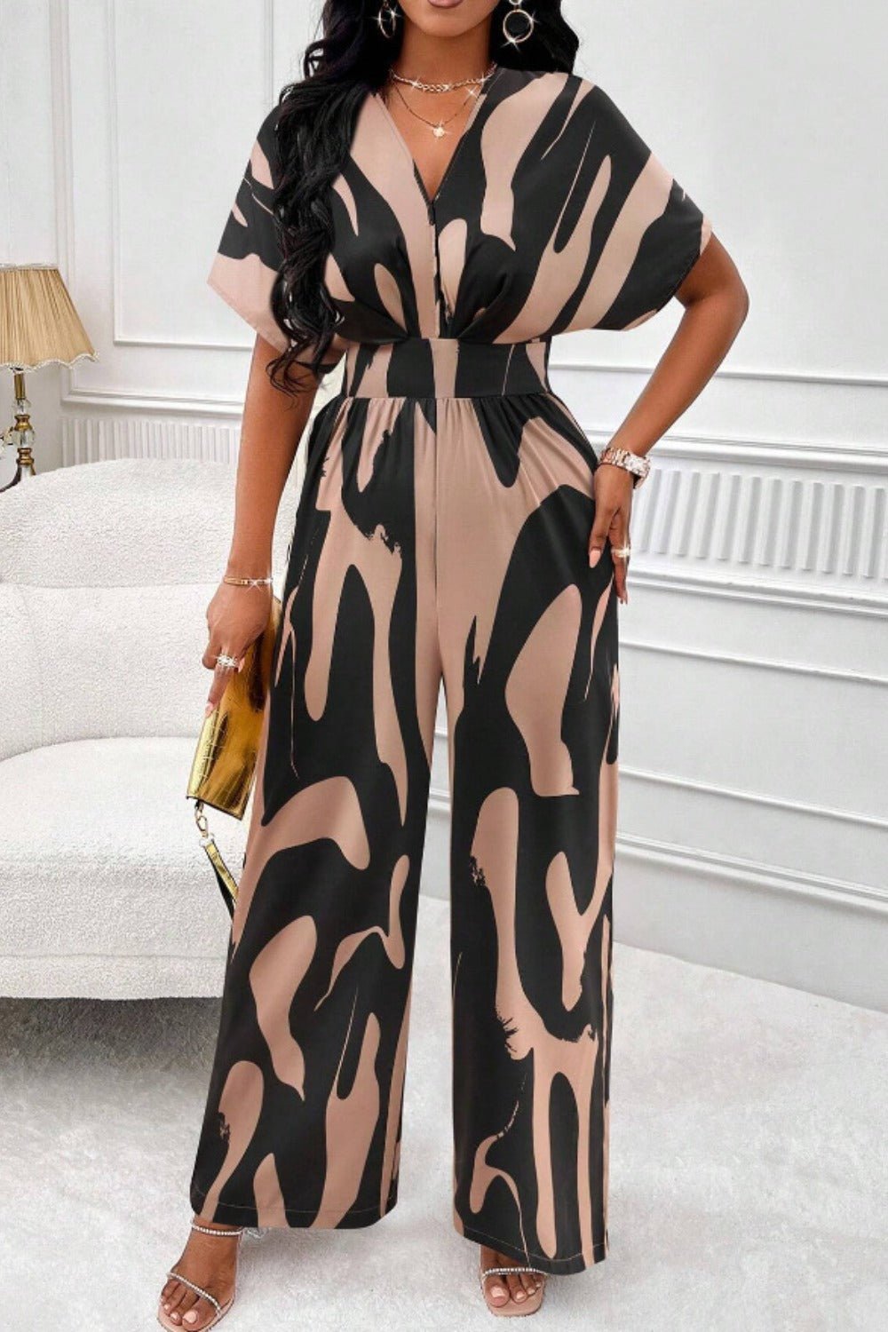 Printed V - Neck Short Sleeve Wide Leg Jumpsuit - ViarousViarousViarous