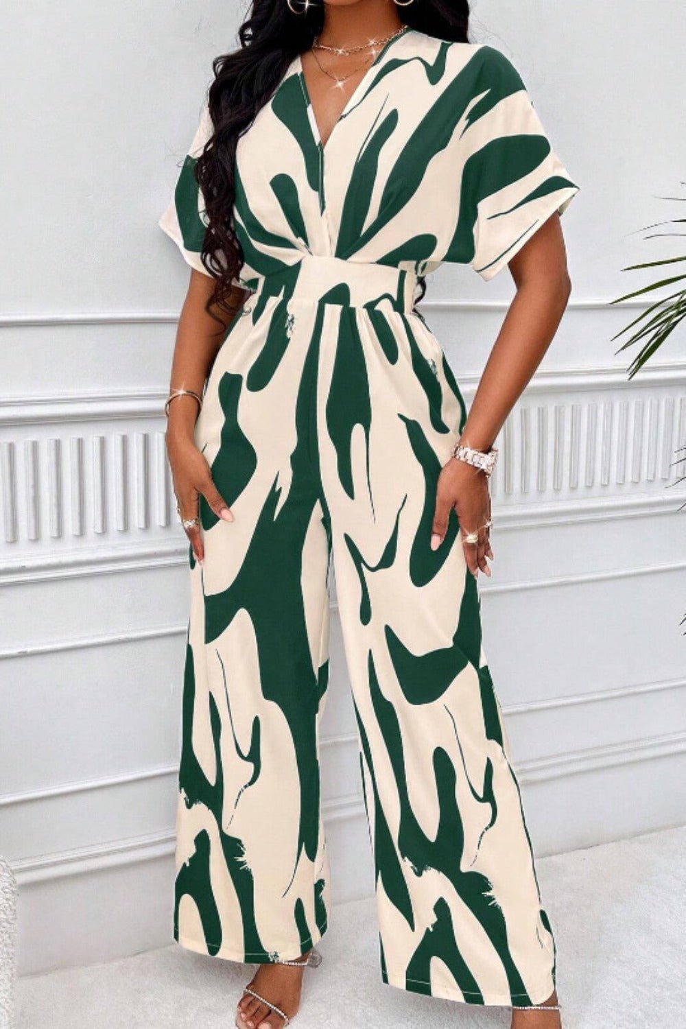 Printed V - Neck Short Sleeve Wide Leg Jumpsuit - ViarousViarousViarous