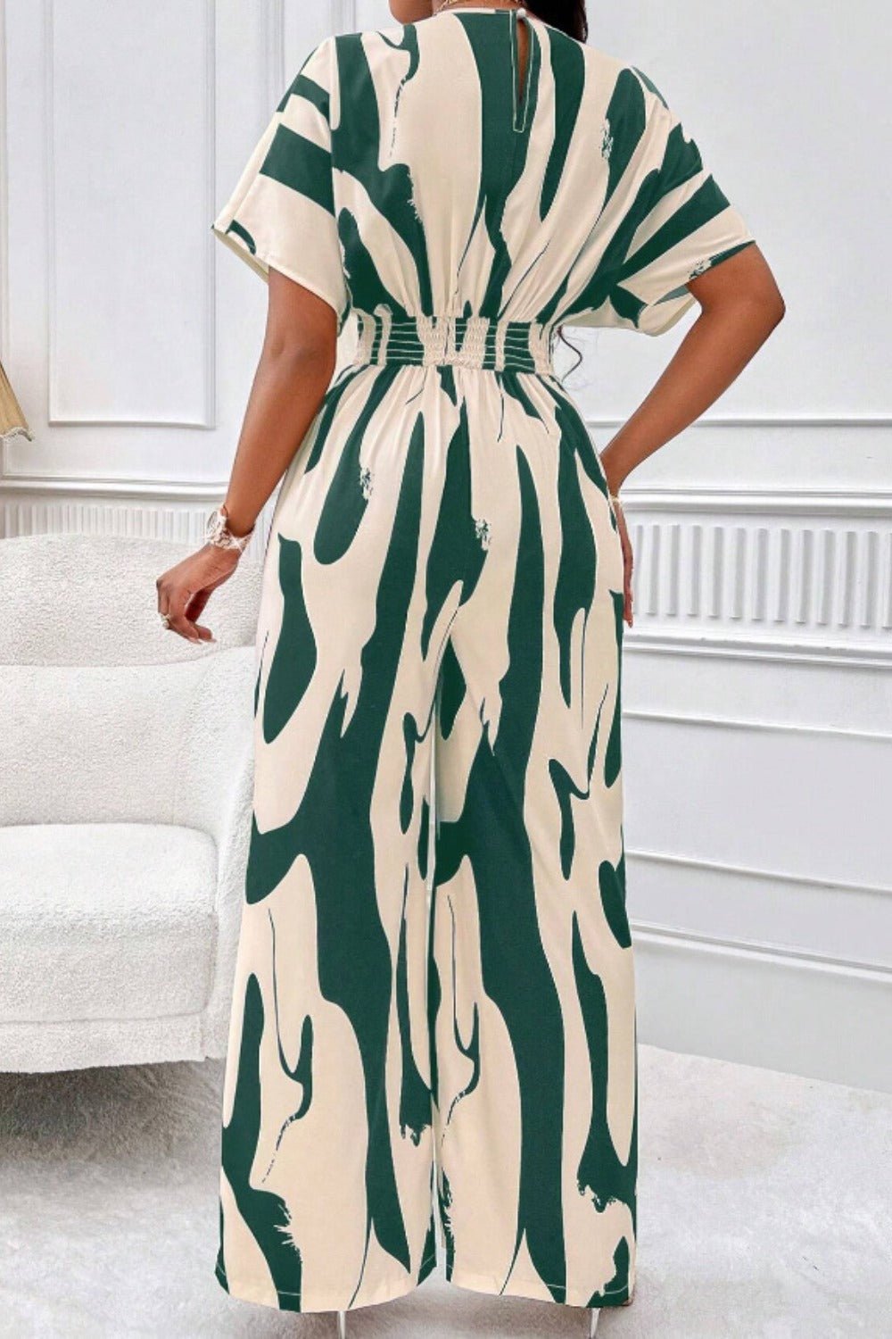 Printed V - Neck Short Sleeve Wide Leg Jumpsuit - ViarousViarousViarous