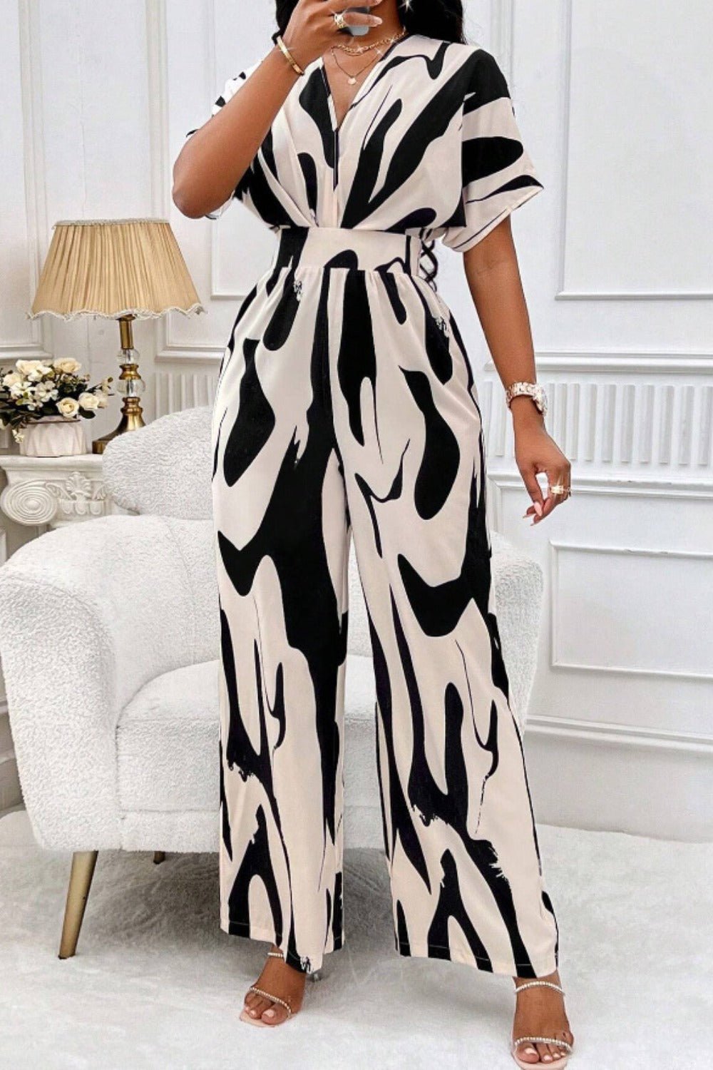 Printed V - Neck Short Sleeve Wide Leg Jumpsuit - ViarousViarousViarous