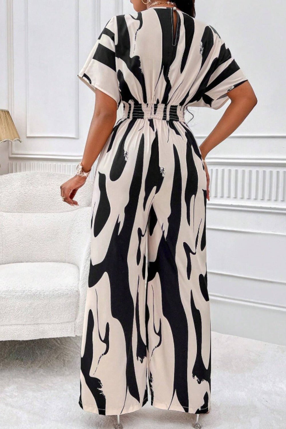 Printed V - Neck Short Sleeve Wide Leg Jumpsuit - ViarousViarousViarous